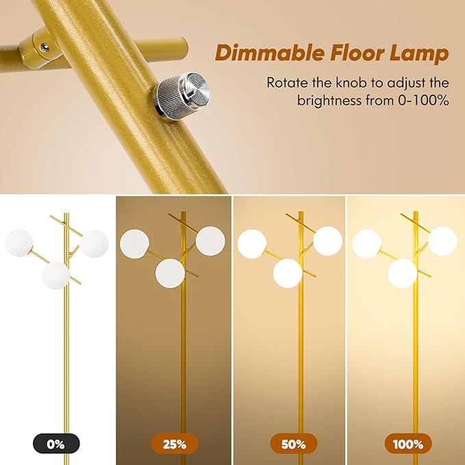 Dimmable Floor Lamp for Living Room, 67” Gold Standing Lamp with 3 Globe Glass Shade, Modern Tall Lamp, Adjustable 3-Light Tree Pole Lamp, Brass Corner Lamp for Bedroom Office Hotel, 3 Bulbs Included - LeafyLoom