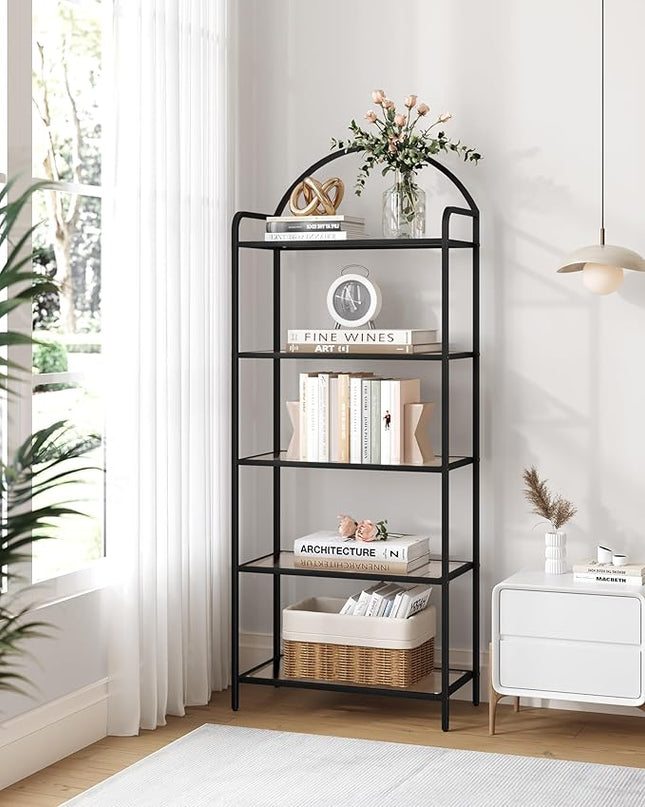 Bookcase Bookshelf, Tempered Glass Bookshelves, Slim Shelving Unit for Bedroom, Bathroom, Home Office, Steel Frame, 5 Tier Black BC21599B - LeafyLoom