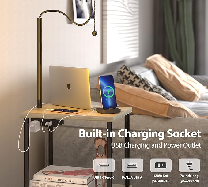 Floor Lamp with Table for Living Room End Table with Lamp Attached USB Type-C Bedside Reading Table with Charging Station Small Nightstand Table Floor Lamp for Bedroom(Bulb Included) - LeafyLoom