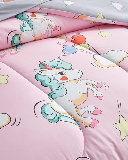 UOZZI BEDDING Kids Girls Bed in a Bag 6 Pieces Twin Size Unicorn Pink Colorful Comforter Set - (1 Soft Microfiber, Reversible Comforter, 2 Pillow Shams, 1 Flat Sheet, 1 Fitted Sheet, 1 Pillowcases) - LeafyLoom