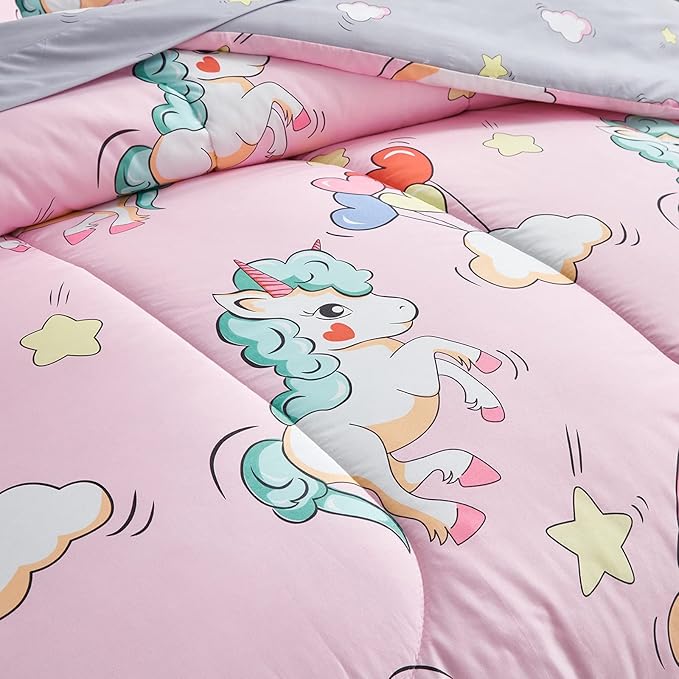 UOZZI BEDDING Kids Girls Bed in a Bag 6 Pieces Twin Size Unicorn Pink Colorful Comforter Set - (1 Soft Microfiber, Reversible Comforter, 2 Pillow Shams, 1 Flat Sheet, 1 Fitted Sheet, 1 Pillowcases) - LeafyLoom