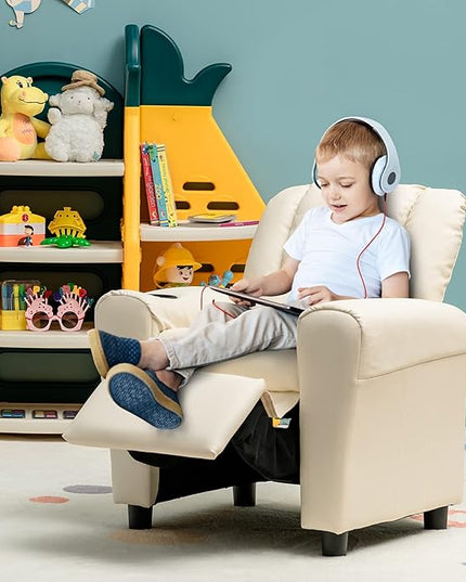 ARLIME Kids Recliner chair, toddler Armchair Upholstered Couch with Cup Holder, Backrest, baby Leather sofa with Headrest and Footrest, Child Furniture for Ages 2-7 (Beige) - LeafyLoom