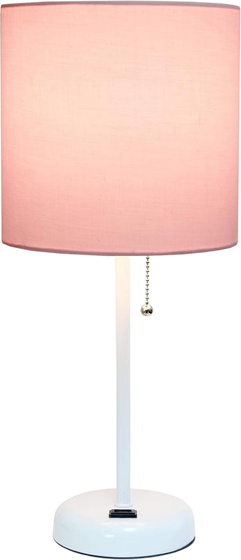 Simple Designs LT1144-POW Sleek and Slender White Table Lamp with Charging Outlet for Bedroom, Living Room, Entryway, Office, Dining Room, Study, Light Pink Shade - LeafyLoom