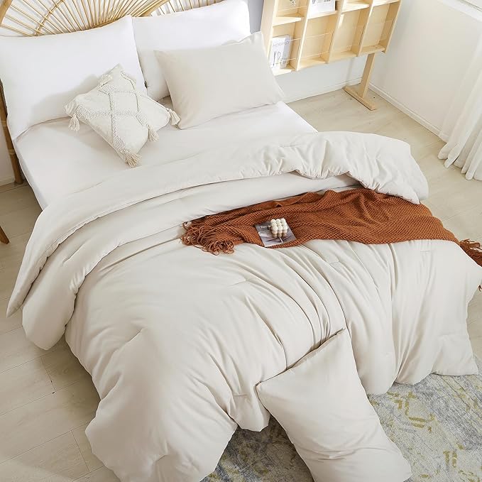 Beige Comforter Set King Size - 3 Pieces Lightweight Solid Bedding Comforter Set - All Season Fluffy Microfiber Bed Set (1 Comforter, 2 Pillowcases) - LeafyLoom