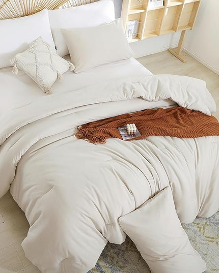 Beige Comforter Queen Size 3PCS Bed Comforter with 2 Pillowcases - Ligtweight Soft Solid All Season Queen Comforter Bed Set - Boho Aesthetic Bedding Set for Men and Women - LeafyLoom