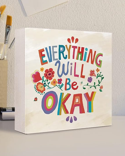 Ruvoty Everything Will Be Okay Colorful Word Art Wooden Sign Desk Decor,Inspirational Wood Block Sign Desk Decorations for Home Bedroom Dorm Office Desk Shelf Table Decor - LeafyLoom