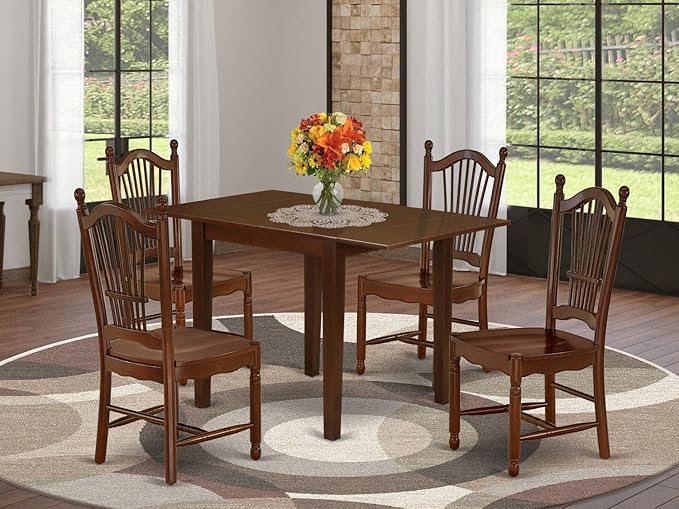 East West Furniture NDDO5-MAH-W Norden 5 Piece Set Includes a Rectangle Dining Room Table with Dropleaf and 4 Wood Seat Chairs, 30x48 Inch, Mahogany - LeafyLoom