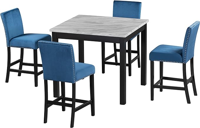 5-piece Counter Height Dining Set One Faux Marble Table and 4 Upholstered-Seat Chairs for Kitchen and Living Room Furniture, Blue - LeafyLoom