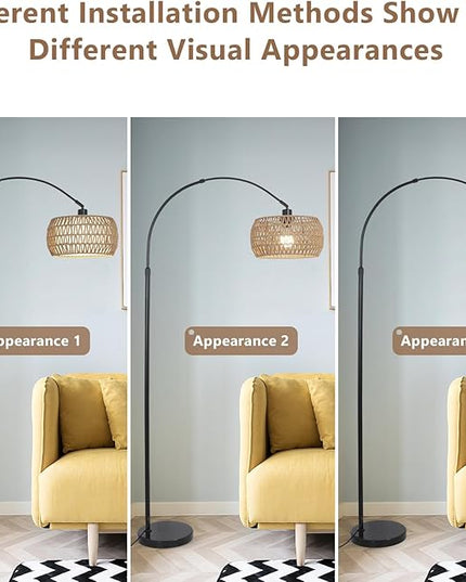 Arc Floor Lamps for Living Room with 3 Color Temperatures, Black Standing Lamp with Remote & Dimmable LED Bulb, Rattan Boho Floor Lamp, Farmhouse Tall Lamp for Bedroom, Over Couch Arched Reading Light - LeafyLoom