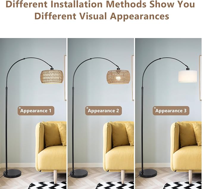 Arc Floor Lamps for Living Room with 3 Color Temperatures, Black Standing Lamp with Remote & Dimmable LED Bulb, Rattan Boho Floor Lamp, Farmhouse Tall Lamp for Bedroom, Over Couch Arched Reading Light - LeafyLoom