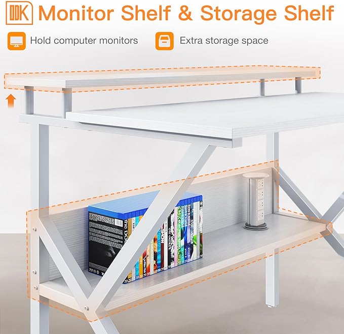 ODK Small Computer Desk, 27.5 inch Desk for Small Spaces with Storage, Compact Table with Monitor & Storage Shelves for Home Office, Modern Style Laptop Desk, Pure White - LeafyLoom