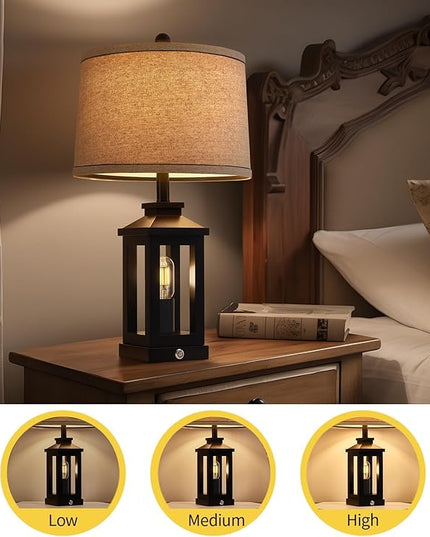 23.75" Retro Farmhouse Black Table Lamp for Living Room Bedroom Nightstand Set of 2 Touch Control Bedside Nightlight Vintage Modern Lamp with USB C+A Ports and 2 Light Sources - LeafyLoom