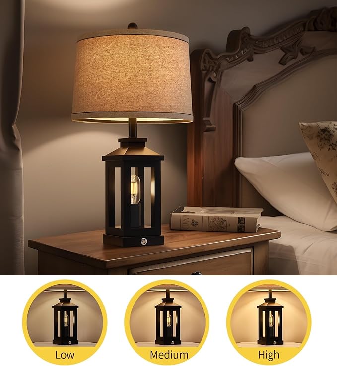 23.75" Retro Farmhouse Black Table Lamp for Living Room Bedroom Nightstand Set of 2 Touch Control Bedside Nightlight Vintage Modern Lamp with USB C+A Ports and 2 Light Sources - LeafyLoom