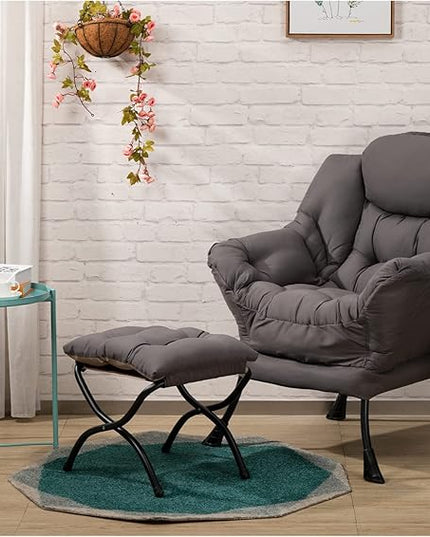 AcozyHom Modern Fabric Lazy Chair and Folding Footrest Stool Set, Accent Comfy Lounge Arm Chair and Ottoman, Leisure Sofa Reading Chair and Metal Cotton Footstool for Living room, Bedroom, Dark Grey - LeafyLoom