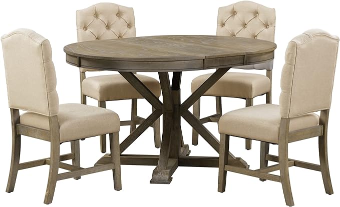5 Piece Functional Furniture Retro Style Set with Extendable Table and 4 Upholstered Chairs for Dining, Living Room, Natural - LeafyLoom