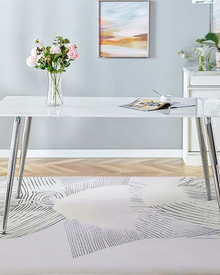 NicBex Modern Minimalist Rectangular Dining Table with 0.4 Inch White Imitation Marble Tabletop and Silver Metal Legs Suitable for Kitchens, Restaurants, and Living Rooms, White - LeafyLoom