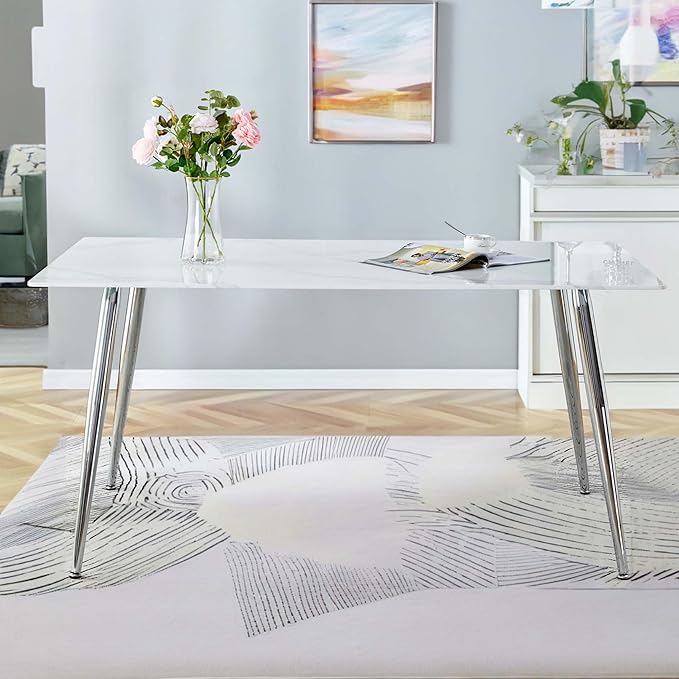 NicBex Modern Minimalist Rectangular Dining Table with 0.4 Inch White Imitation Marble Tabletop and Silver Metal Legs Suitable for Kitchens, Restaurants, and Living Rooms, White - LeafyLoom