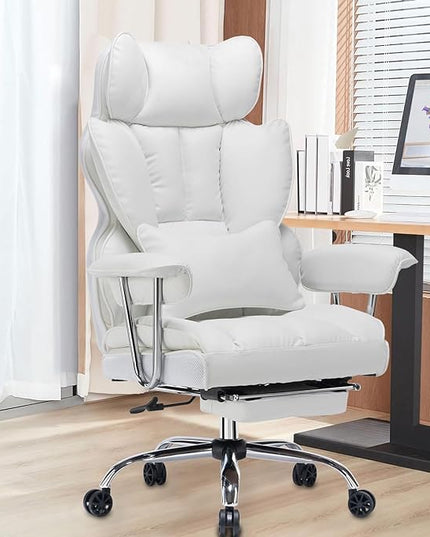 Desk Office Chair 400LBS, Big and Tall Office Chair, PU Leather Computer Chair, Executive Office Chair with Leg Rest and Lumbar Support, White Office Chair - LeafyLoom