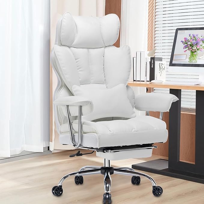 Desk Office Chair 400LBS, Big and Tall Office Chair, PU Leather Computer Chair, Executive Office Chair with Leg Rest and Lumbar Support, White Office Chair - LeafyLoom