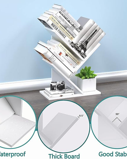 3 Tier Small Tree Bookshelf Storage Organizer Shelves Floor Standing Bookcase Desk Wood Storage Rack for Home Office Living Room Bedroom Display for Book Magazine CD manga Warm White - LeafyLoom