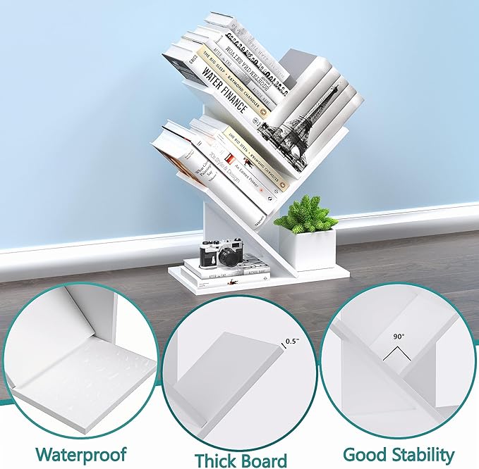 3 Tier Small Tree Bookshelf Storage Organizer Shelves Floor Standing Bookcase Desk Wood Storage Rack for Home Office Living Room Bedroom Display for Book Magazine CD manga Warm White - LeafyLoom
