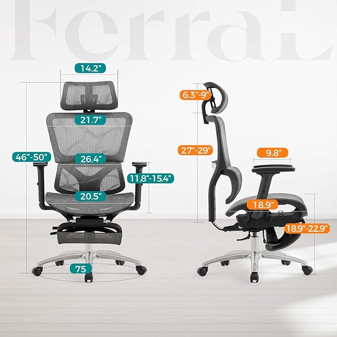 Ferral Ergonomic Office Chair, High Back Home Office Desk Chair with Lumbar Support, 4D Adjustable Armrest & Seat Depth, Computer Mesh Office Chair with Tilt Function, Adjustable Headrest, footrest - LeafyLoom