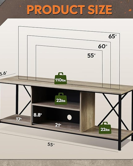 WLIVE TV Stand up to 65 Inch TV, 55" Entertainment Center, Industrial TV Console with Open Storage Shelf for Living Room and Bedroom, Gerige - LeafyLoom