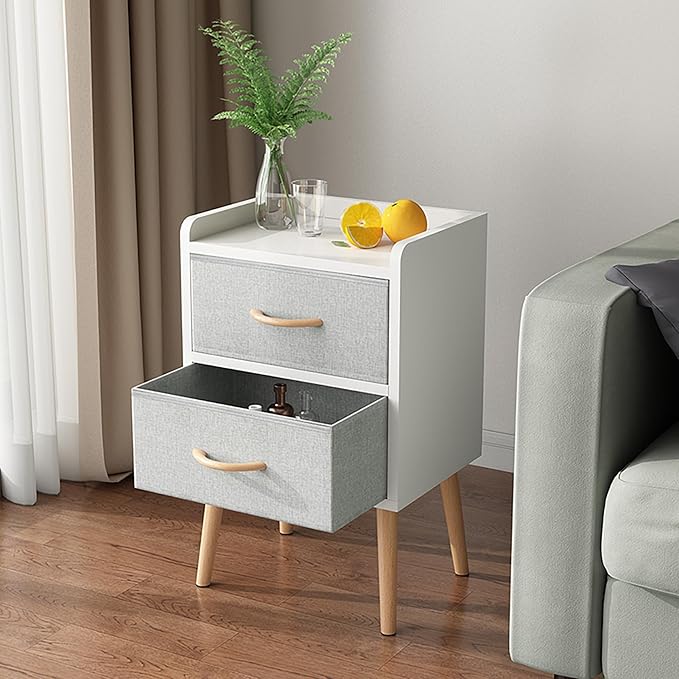 LUCKNOCK NightStand with 2 Fabric Drawers, Bedside Table with Solid Wood Legs, Minimalist and Practical End Side Table for Bedroom, White. - LeafyLoom