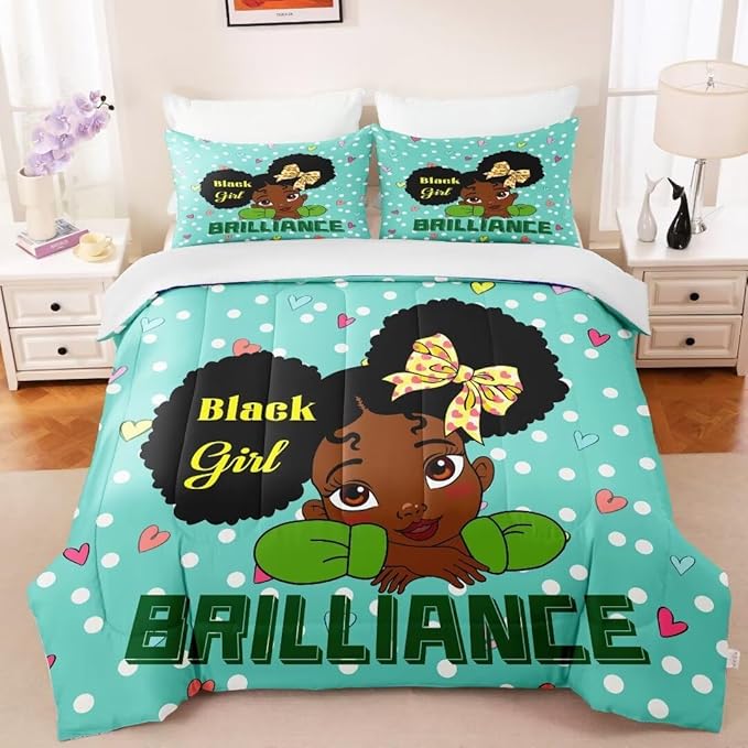 Black Girl Comforter Set Full for Kids Teens Youth,Black Girl Magic Bedding Set,African American Girl Inspirational Quotes Comforter Set,Black Princess Bed Bedroom Set - LeafyLoom