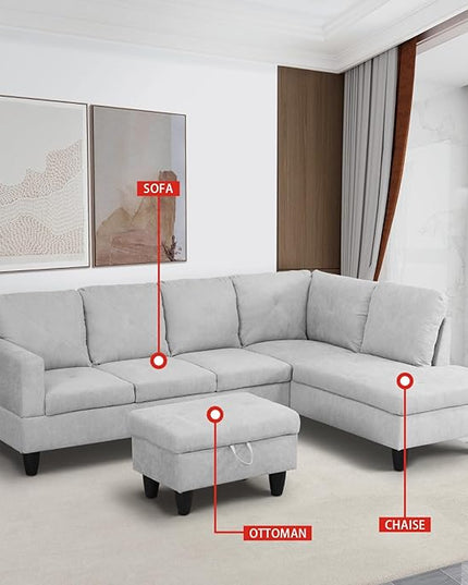 ROOMTEC 3 Piece L Shape Sectional Sofa Set, Upholstered Corner Couch with Storage Ottoman & Right Chaise Lounge, Flannelette Tufted Cushions, for Living Room, Apartment, Grey White - LeafyLoom
