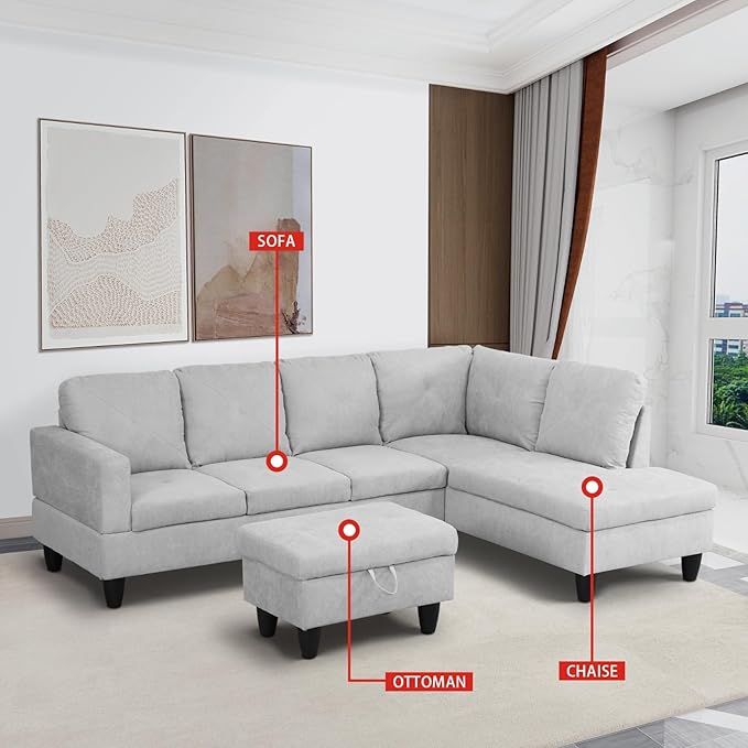 ROOMTEC 3 Piece L Shape Sectional Sofa Set, Upholstered Corner Couch with Storage Ottoman & Right Chaise Lounge, Flannelette Tufted Cushions, for Living Room, Apartment, Grey White - LeafyLoom