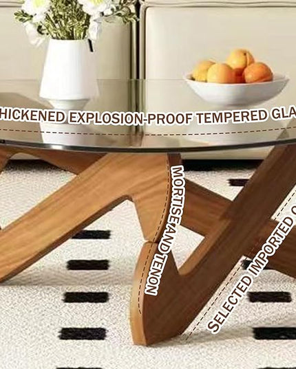 Triangle Coffee Table Glass Coffee Table for Living Room Clear Glass Coffee Table with Solid Wood Base Mid Century Modern Coffee Table for Small Spaces (Walnut-Transparent, 44.9in) - LeafyLoom