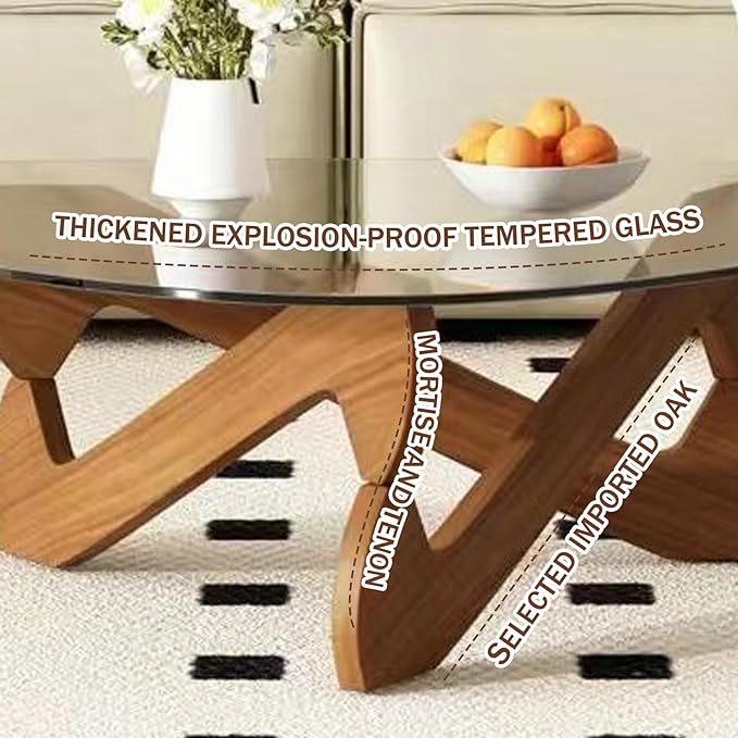 Triangle Coffee Table Glass Coffee Table for Living Room Clear Glass Coffee Table with Solid Wood Base Mid Century Modern Coffee Table for Small Spaces (Walnut-Transparent, 44.9in) - LeafyLoom