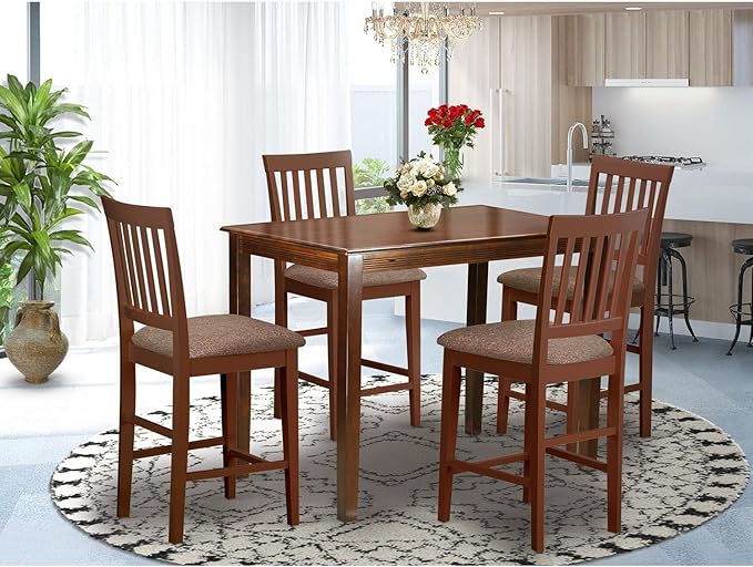 East West Furniture YAVN5-MAH-C 5 Piece Counter Height Pub Set Includes a Rectangle Dining Table and 4 Linen Fabric Kitchen Dining Chairs, 30x48 Inch, Mahogany - LeafyLoom