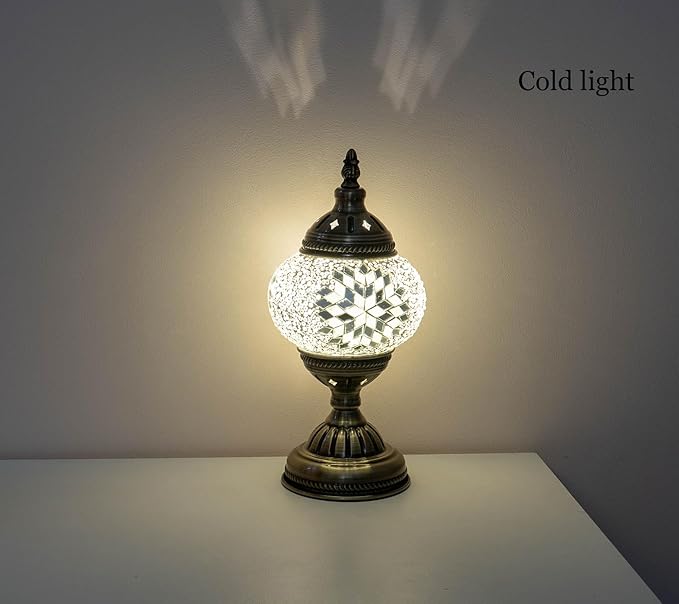 Turkish Mosaic Lamp Bohemian Tiffany Style Moroccan Bedside Lamps for Bedroom (White) - LeafyLoom