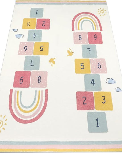Topotdor Rainbow Sky Hopscotch Game Rugs,Kids Play Area Rugs Soft Floor Carpet for Bedroom Playroom Nursery,Great Gift for Girls & Boys,47" x 71" - LeafyLoom