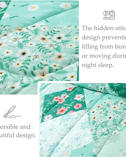 Whale Flotilla King Comforter Set, Soft Reversible Light Green Bedding Comforter Set with Boho Pattern, 1 Micoriber Patchwork Comforter and 2 Pillow Shams, 3 Pieces - LeafyLoom