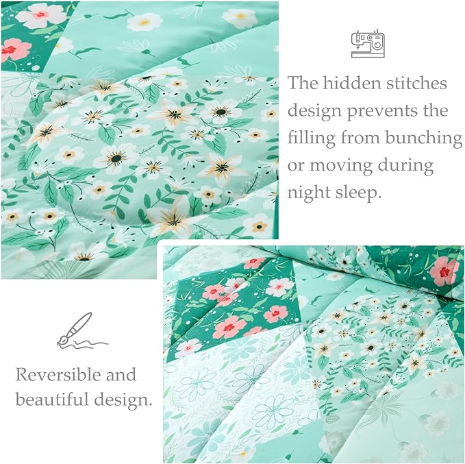 Whale Flotilla King Comforter Set, Soft Reversible Light Green Bedding Comforter Set with Boho Pattern, 1 Micoriber Patchwork Comforter and 2 Pillow Shams, 3 Pieces - LeafyLoom