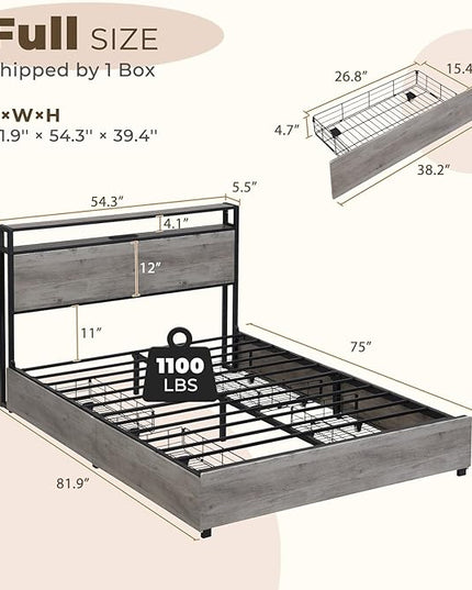 LED Full Bed Frame with 4 Storage Drawers & Charging Station, Platform Metal Bed Frame with Headboard, Noise-Free, No Box Spring Needed, Ancient gray - LeafyLoom