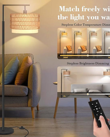 Pesare Rattan Floor Lamp Boho with Remote Control for Living Room,Stepless Dimmable LED Floor Lamp with 4 Color Temperature,Standing Lamps with Tall lamp for Living Room, Bedroom,Office… - LeafyLoom