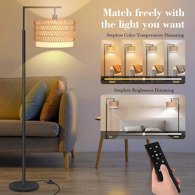 Pesare Rattan Floor Lamp Boho with Remote Control for Living Room,Stepless Dimmable LED Floor Lamp with 4 Color Temperature,Standing Lamps with Tall lamp for Living Room, Bedroom,Office… - LeafyLoom