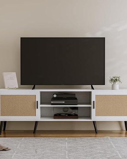 TV Stand for TVs up to 65'', Mid Century Modern Entertainment Center with Rattan Door, Shelves & 2 Cabinets, Boho Media TV Console for Living Room, Bedroom, White - LeafyLoom