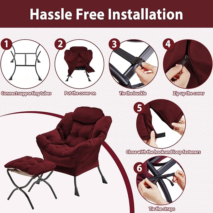 Lazy Chair with Folding Ottoman, Accent Chair Velvet Upholstered with Metal Structure and Non-Slip Pads, Sofa Armchair with Footrest and Side Storage Bag for Dorm, Room, Office, Burgundy - LeafyLoom