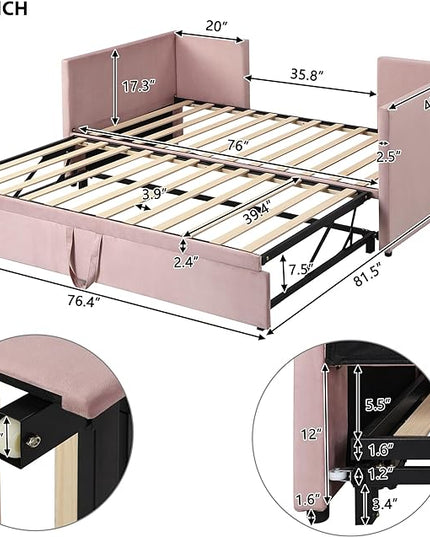Day Bed (Twin, Pink) with Pop Up Trundle, Velvet Upholstered, Extendable to King, Backrest and Armrests, for Living Room Apartment - LeafyLoom