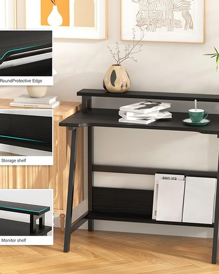 Computer Home Office Desk, 31.5" Desk for Small Spaces with Storage Shelf,Small Computer Desk with Monitor and Bookshelf, Modern Simple Style Laptop Desk - LeafyLoom