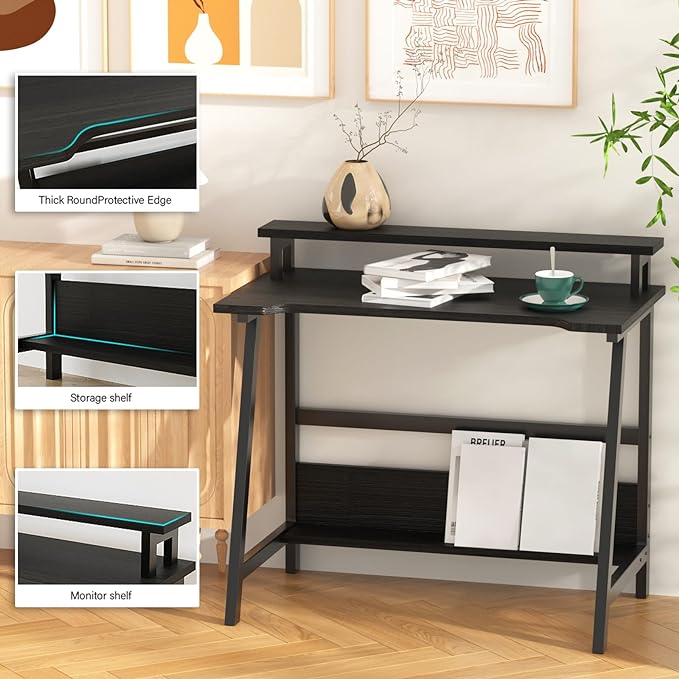 Computer Home Office Desk, 31.5" Desk for Small Spaces with Storage Shelf,Small Computer Desk with Monitor and Bookshelf, Modern Simple Style Laptop Desk - LeafyLoom