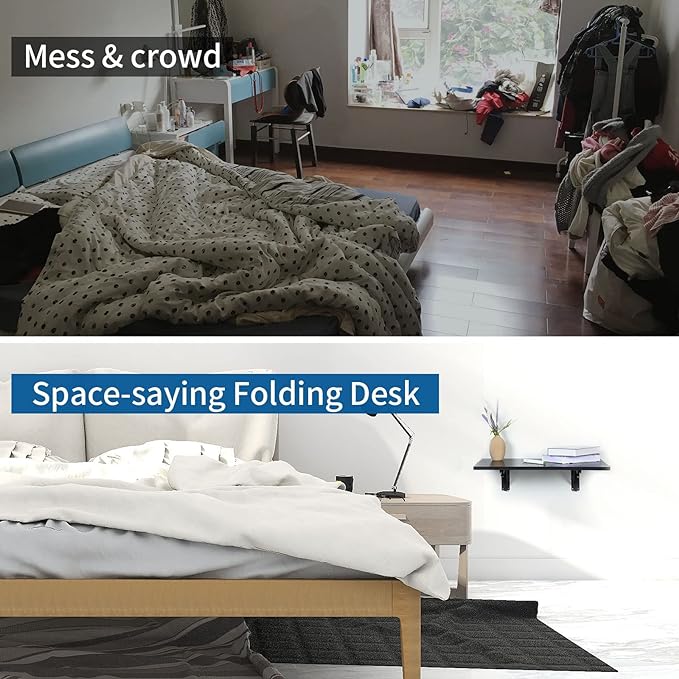 Folding Wall Desk, Wall Desk Fold Down Wall Mounted Desk for Small Space, Floating Desk (Black, Medium) - LeafyLoom