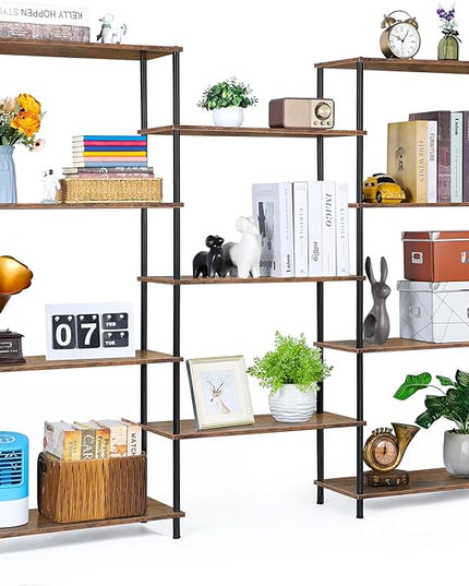 melos 4 Tier Bookshelf, Industrial Bookcase, Large Etagere Bookshelf Open Display Shelves with Metal Frame and 2 Anti-Tipping Strap, Brown - LeafyLoom