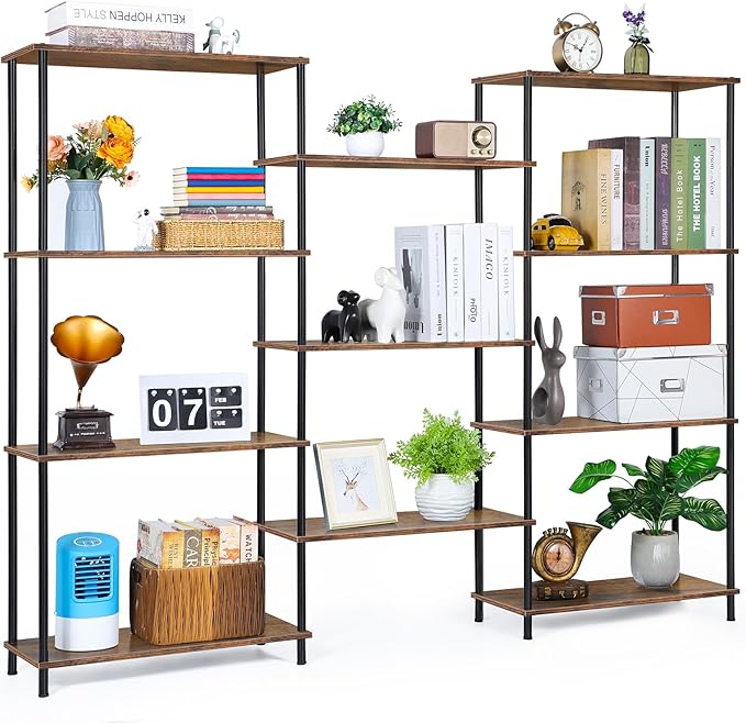 melos 4 Tier Bookshelf, Industrial Bookcase, Large Etagere Bookshelf Open Display Shelves with Metal Frame and 2 Anti-Tipping Strap, Brown - LeafyLoom