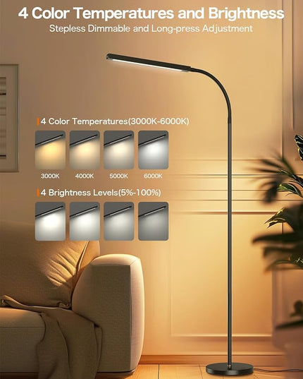 Floor Lamp,9W Bright LED Standing Lamp with 3000K-6000K Adjustable 4 Color Temperature,Touch Control Dimmable Modern Task Floor Lamp with Timing for Living Room Bedroom Office - LeafyLoom